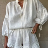 Coastal Charm Ruffle Linen Set – Effortless Two-Piece Summer Ensemble