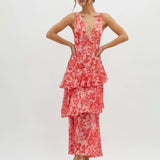 Elegant Ruffle Layer Maxi Dress – Strappy Back Formal Evening Dress