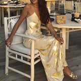 Golden Hour Satin Maxi Dress – Backless Metallic Slip Gown