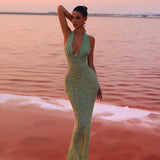 Luna’s Enchanted Emerald Gown – Shimmering Halter Neck Sequin Maxi Dress