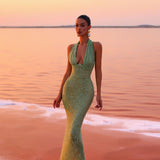 Luna’s Enchanted Emerald Gown – Shimmering Halter Neck Sequin Maxi Dress