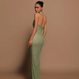 Luna’s Enchanted Emerald Gown – Shimmering Halter Neck Sequin Maxi Dress