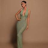 Luna’s Enchanted Emerald Gown – Shimmering Halter Neck Sequin Maxi Dress