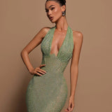 Luna’s Enchanted Emerald Gown – Shimmering Halter Neck Sequin Maxi Dress