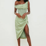 One-Shoulder Draped Midi Dress – Corset Waist & Side Split