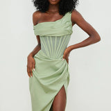 One-Shoulder Draped Midi Dress – Corset Waist & Side Split