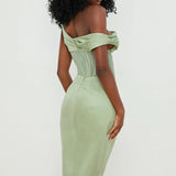 One-Shoulder Draped Midi Dress – Corset Waist & Side Split