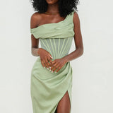 One-Shoulder Draped Midi Dress – Corset Waist & Side Split