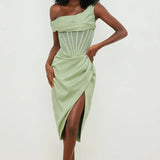 One-Shoulder Draped Midi Dress – Corset Waist & Side Split