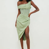 One-Shoulder Draped Midi Dress – Corset Waist & Side Split