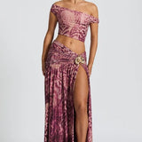 Orchid Mirage Two-Piece Set – Off-Shoulder Crop Top & High-Slit Maxi Skirt