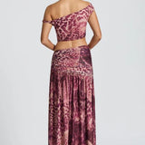Orchid Mirage Two-Piece Set – Off-Shoulder Crop Top & High-Slit Maxi Skirt