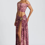 Orchid Mirage Two-Piece Set – Off-Shoulder Crop Top & High-Slit Maxi Skirt