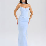 Strapless Draped Mesh Maxi Dress – Bodycon Fit with Scarf Detail