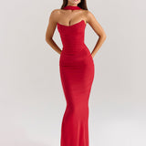 Strapless Draped Mesh Maxi Dress – Bodycon Fit with Scarf Detail