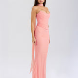 Strapless Draped Mesh Maxi Dress – Bodycon Fit with Scarf Detail