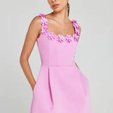 Women’s A-Line Mini Dress – 3D Floral Appliqué Strap Detail