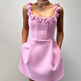 Women’s A-Line Mini Dress – 3D Floral Appliqué Strap Detail