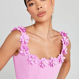 Women’s A-Line Mini Dress – 3D Floral Appliqué Strap Detail