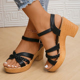 Women’s Chunky Heel Sandals – Braided Strap Ankle Buckle Open Toe