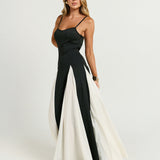 Women’s Contrast Panel Maxi Dress – Elegant Two-Tone A-Line Gown