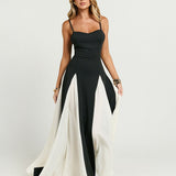 Women’s Contrast Panel Maxi Dress – Elegant Two-Tone A-Line Gown