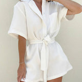 Women’s Cotton Button-Up Romper – Relaxed Belted Short Jumpsuit