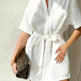 Women’s Cotton Button-Up Romper – Relaxed Belted Short Jumpsuit