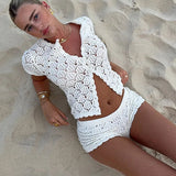 Women’s Crochet Two-Piece Set – Short Sleeve Top and Shorts Beach Outfit