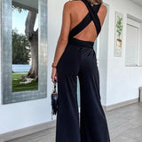 Women’s Cross-Back Wide-Leg Jumpsuit – Sleeveless Wrap Front Belted Design