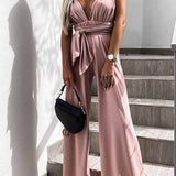 Women’s Cross-Back Wide-Leg Jumpsuit – Sleeveless Wrap Front Belted Design