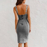 Women’s Denim Midi Dress – Sleeveless Bodycon Dress with Side Slit