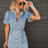 Women’s Denim Shirt Dress – Belted Short Sleeve Button-Down Mini
