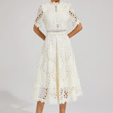 Women’s Elegant Lace Midi Dress – High Neck, Short Sleeve A-Line Cocktail Dress