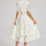 Women’s Elegant Lace Midi Dress – High Neck, Short Sleeve A-Line Cocktail Dress
