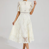 Women’s Elegant Lace Midi Dress – High Neck, Short Sleeve A-Line Cocktail Dress