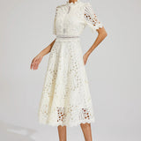 Women’s Elegant Lace Midi Dress – High Neck, Short Sleeve A-Line Cocktail Dress