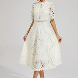 Women’s Elegant Lace Midi Dress – High Neck, Short Sleeve A-Line Cocktail Dress