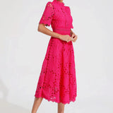 Women’s Elegant Lace Midi Dress – High Neck, Short Sleeve A-Line Cocktail Dress