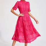Women’s Elegant Lace Midi Dress – High Neck, Short Sleeve A-Line Cocktail Dress