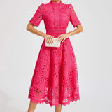 Women’s Elegant Lace Midi Dress – High Neck, Short Sleeve A-Line Cocktail Dress