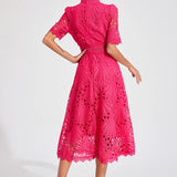 Women’s Elegant Lace Midi Dress – High Neck, Short Sleeve A-Line Cocktail Dress