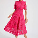 Women’s Elegant Lace Midi Dress – High Neck, Short Sleeve A-Line Cocktail Dress