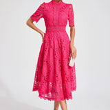 Women’s Elegant Lace Midi Dress – High Neck, Short Sleeve A-Line Cocktail Dress