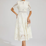 Women’s Elegant Lace Midi Dress – High Neck, Short Sleeve A-Line Cocktail Dress