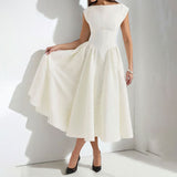 Women’s Elegant Midi Dress – Cap Sleeve Fit and Flare Cocktail Dress