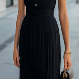 Women’s Elegant Pleated Midi Dress – Sheer High Neck Short Sleeve Black Dress