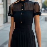 Women’s Elegant Pleated Midi Dress – Sheer High Neck Short Sleeve Black Dress