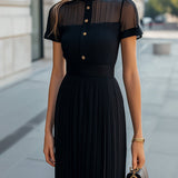Women’s Elegant Pleated Midi Dress – Sheer High Neck Short Sleeve Black Dress