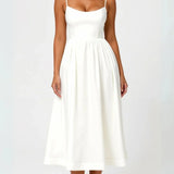 Women’s Elegant Spaghetti Strap Midi Dress – Flared Pleated A-Line Summer Dress
